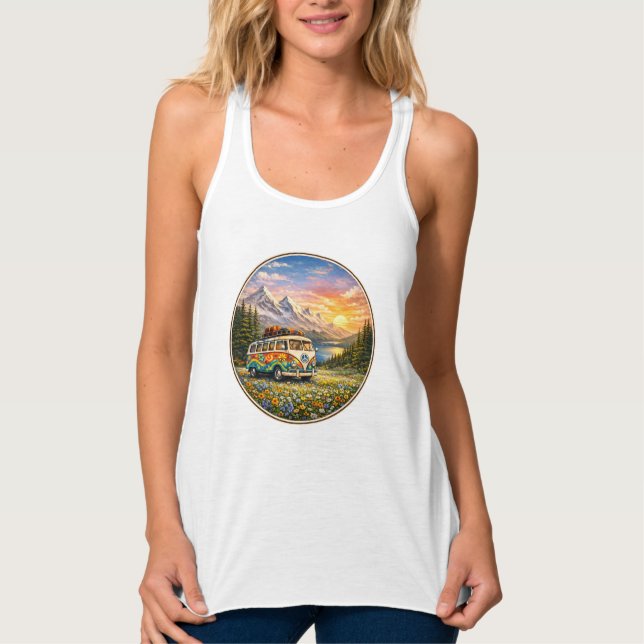Mountain Sunset Wildflowers Retro Hippie Van Life Tank Top (Vorderseite)