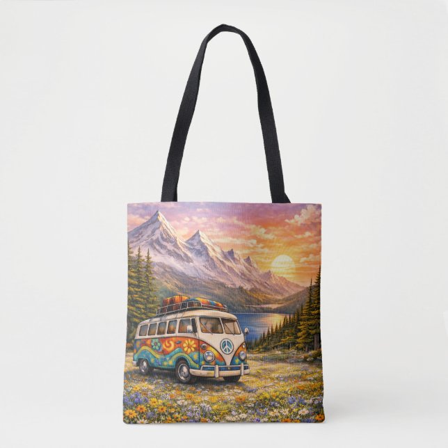 Mountain Sunset Wildflowers Retro Hippie Van Life Tasche (Vorderseite)