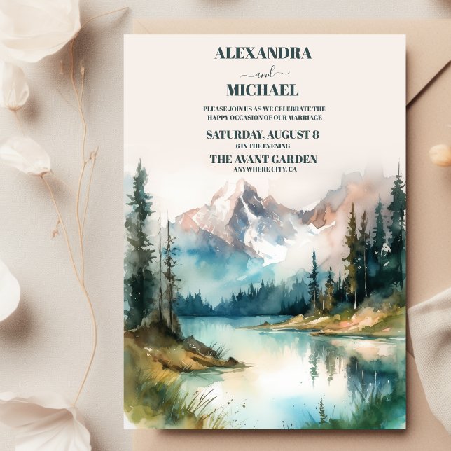 Mountain Watercolor Evergreen Rustic Tree Wedding Einladung (Von Creator hochgeladen)