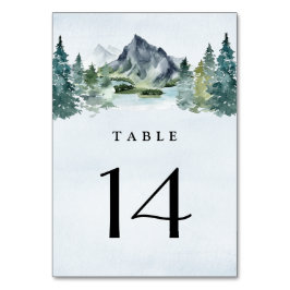 Mountain Watercolor Evergreen Rustic Tree Wedding Tischnummer