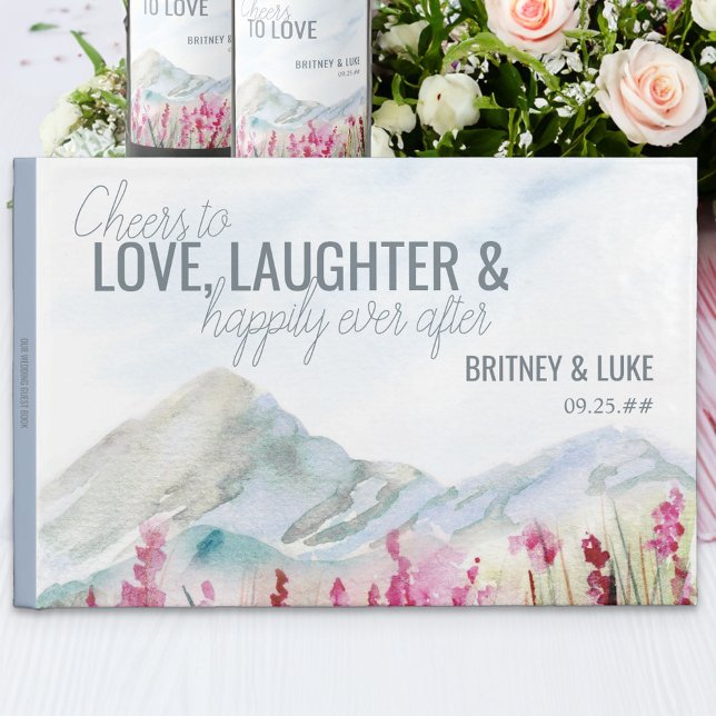 Mountain Wedding Watercolor Landscape Guest Book Gästebuch (Cheers to Love Laughter & Happily Ever After wedding guest book from Mountain Meadow collection)