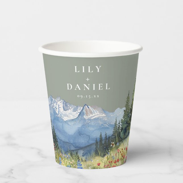 Mountain Wildflower Floral Sage Green Wedding Pappbecher (Vorderseite)