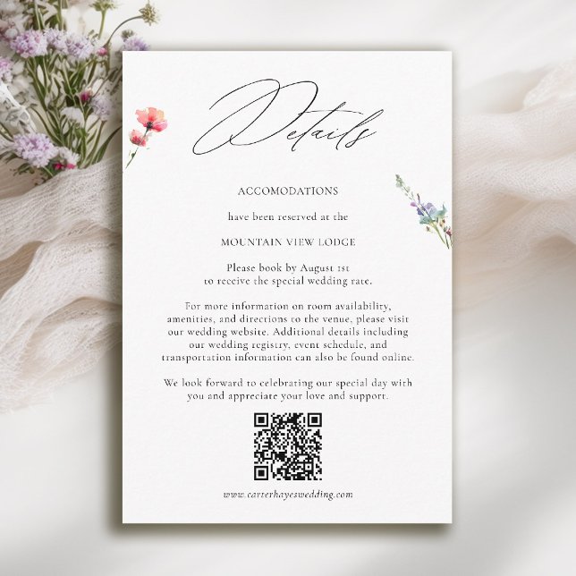 Mountain Wildflower Meadow Modern Wedding Details Begleitkarte (mountain wedding details card qr code wildflowers meadow floral watercolor modern calligraphy)