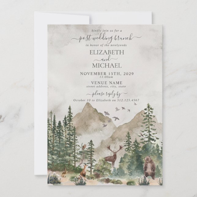 Mountain Woodland Animal Post Wedding Brunch Einladung (Vorderseite)