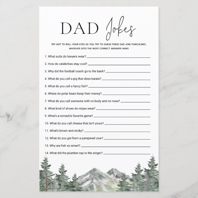 Mountain Woodland Baby Shower Vater Jokes Game (Vorderseite)