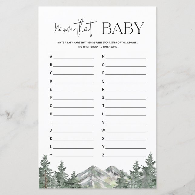 Mountain Woodland Babydusche Name dieses Babyspiel (Vorderseite)