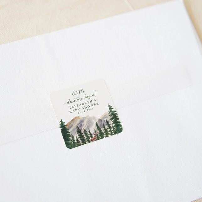 Mountains Deer Baby Shower Quadratischer Aufkleber (Von Creator hochgeladen)