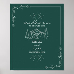 Mountains Line Art Emerald Wedding Welcome Poster