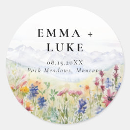 Mountains Meadow Wildflowers Watercolor Wedding Runder Aufkleber