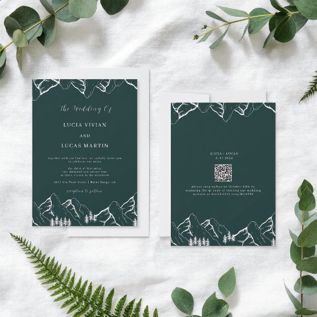 Mountains Pine Tree Emerald Green QR Code Hochzeit Einladung (Von Creator hochgeladen)