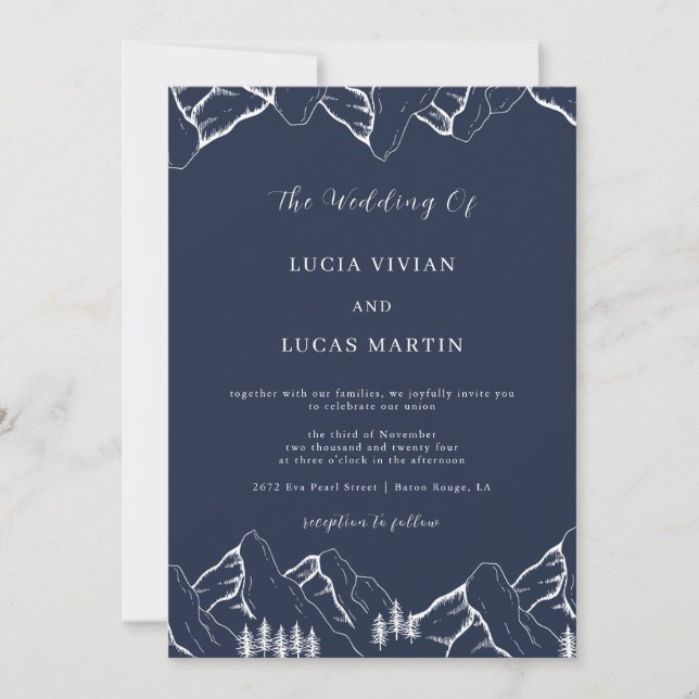 Mountains Pine Tree Navy Blue QR Code Hochzeit Einladung (Vorderseite)