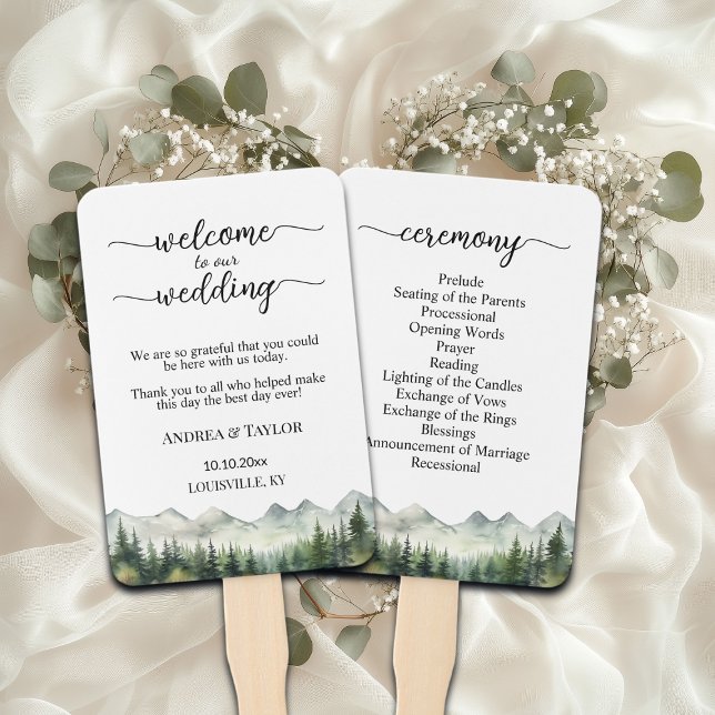 Mountains Pines Wedding Program Ceremony Fächer (Von Creator hochgeladen)