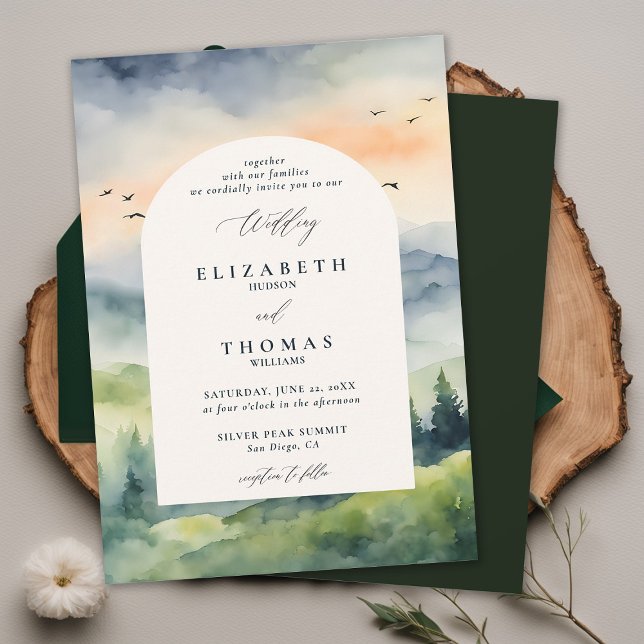 Mountains Sunrise Dream Boho Frame Wedding Einladung (mountains wedding invitation romantic sunrise rustic outdoors forest pine birds landscape boho frame)