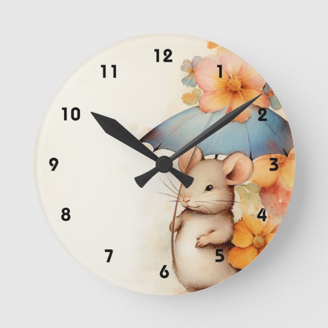 Mousblauer Regenschirm Orange und Blumen Runde Wanduhr (Vorderseite)
