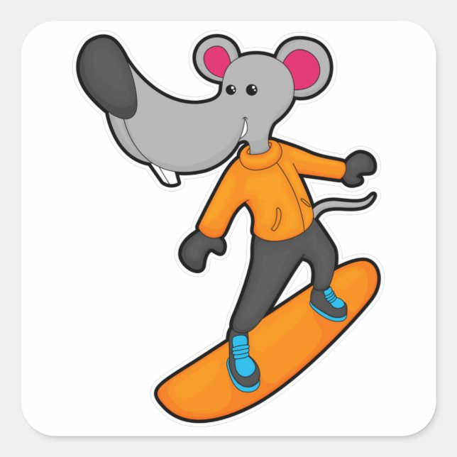 Mouse as Snowboarder with Snowboard Quadratischer Aufkleber (Vorderseite)