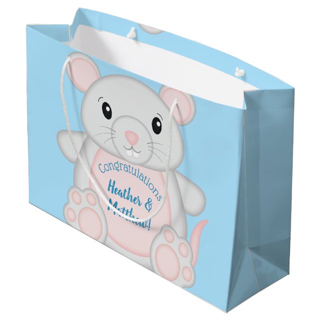 Mouse Baby Shower Blue Große Geschenktüte (Rückseite Schrägansicht)