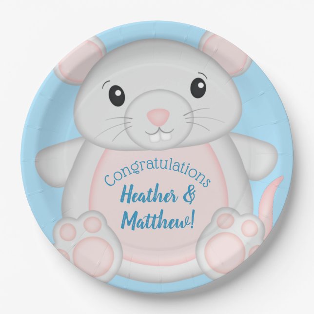 Mouse Baby Shower Blue Pappteller (Vorderseite)