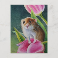 Mouse ernten auf rosa Tulip Wasserfarbe Kunst
