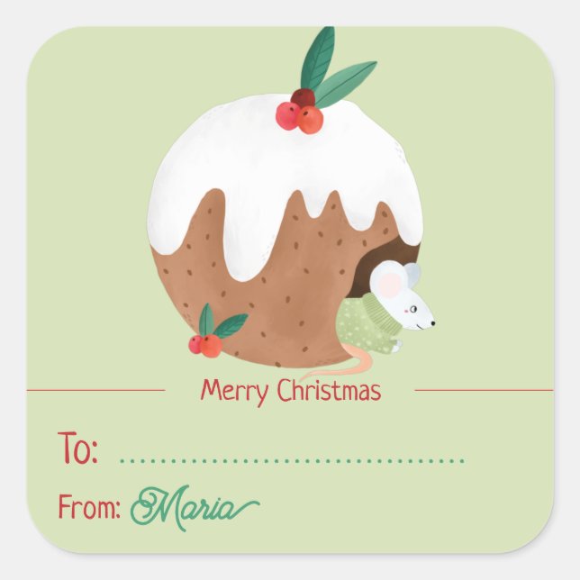 Mouse genießt Weihnachts-Pudding - Square Sticker (Vorderseite)