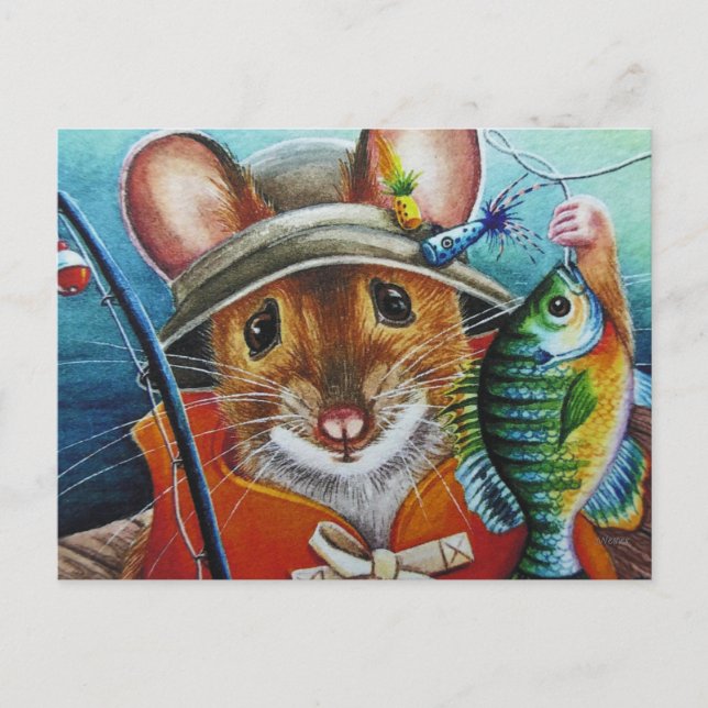 Mouse Hat Vest Fishing for Bluegill Wasserfarbe Ar Postkarte (Vorderseite)