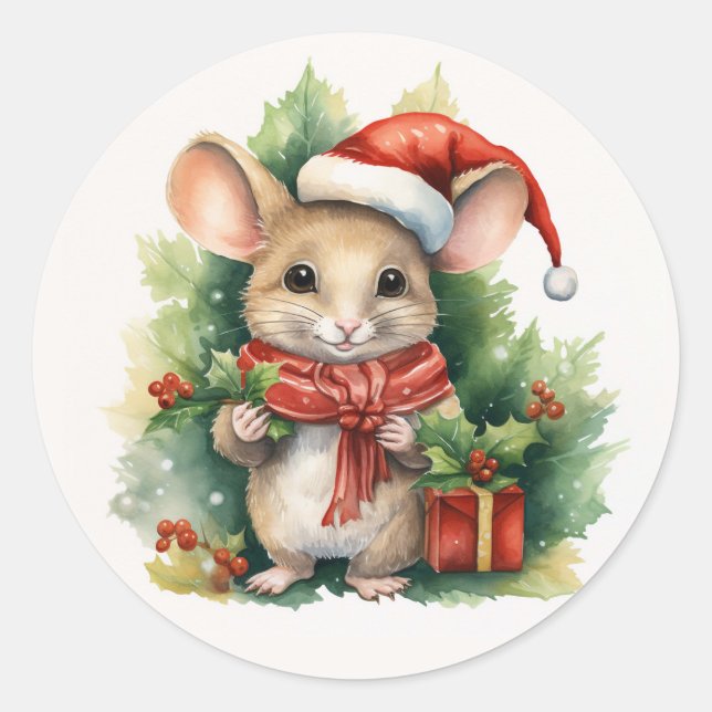 Mouse Red Weihnachtsmannmütze Christmas Holiday Gr Runder Aufkleber (Vorderseite)