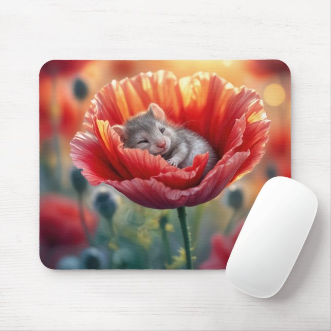 Mouse schlafen in einer roten Mohnblume-Blume Mousepad (Mit Mouse)