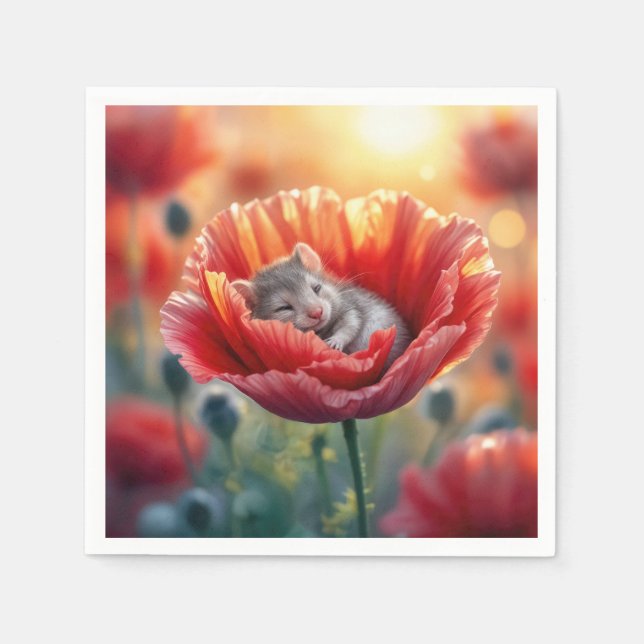 Mouse schlafen in einer roten Mohnblume-Blume Serviette (Vorderseite)