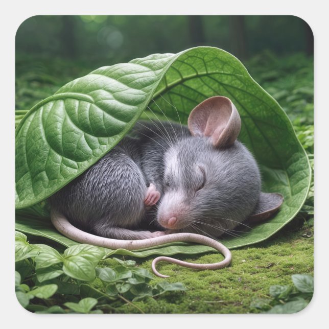 Mouse schlafen in grünem Leaf Quadratischer Aufkleber (Vorderseite)