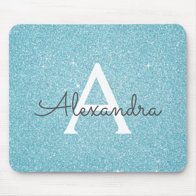 Mousepad aquamarin Blue Sparkle Glitzer Monogram N (Vorne)