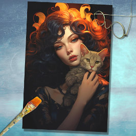 Mousseline Art nouveau femme avec chat 1 papier découpage