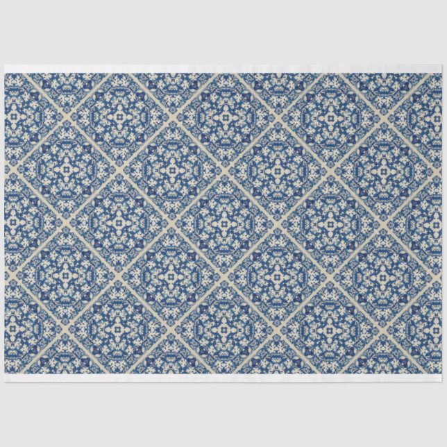 Mousseline Bleu Delft tuile motif découpage papier tissu (Recto)