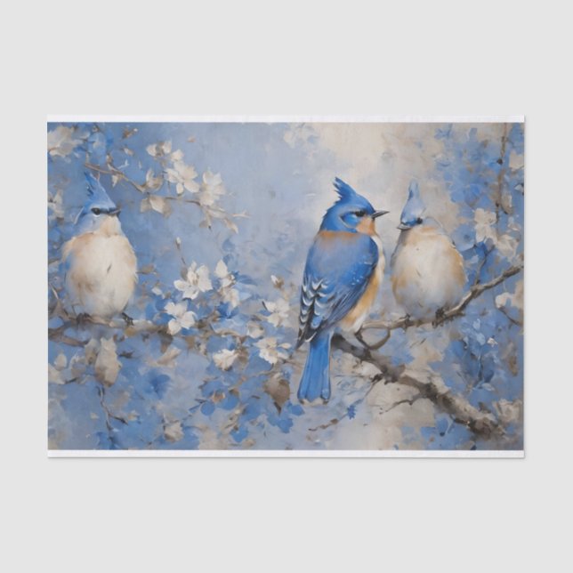 Mousseline Bleu Oiseaux et fleurs Découpage papier de tissus (Recto)
