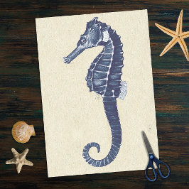 Mousseline Blue Marine Life Sehorse sur Beige Antique Papier