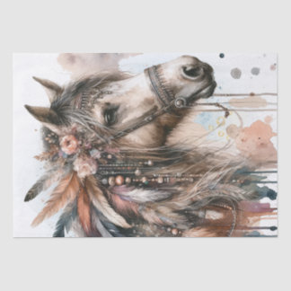 Mousseline Boho Aquarelle Florale Plumes Cheval Tissu Papier