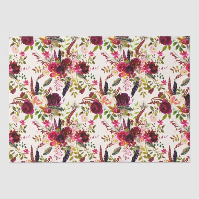 Mousseline Boho Aquarelle Florale, Plumes Papier Tissu (Recto)