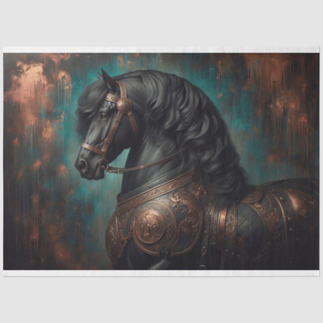 Mousseline "Cheval friésien en armure" Découpage Papier de ti (Recto)
