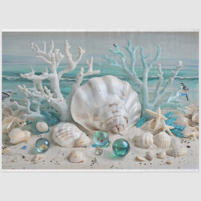 Mousseline Corail & Shell Display Pastel Blues Tissu Papier (Recto)