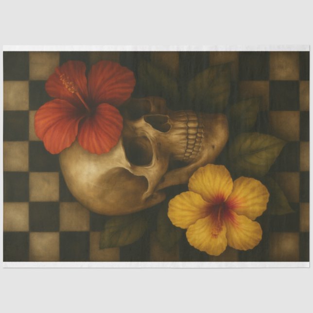 Mousseline Crâne et Hibiscus sur papier découpage de tableau  (Recto)