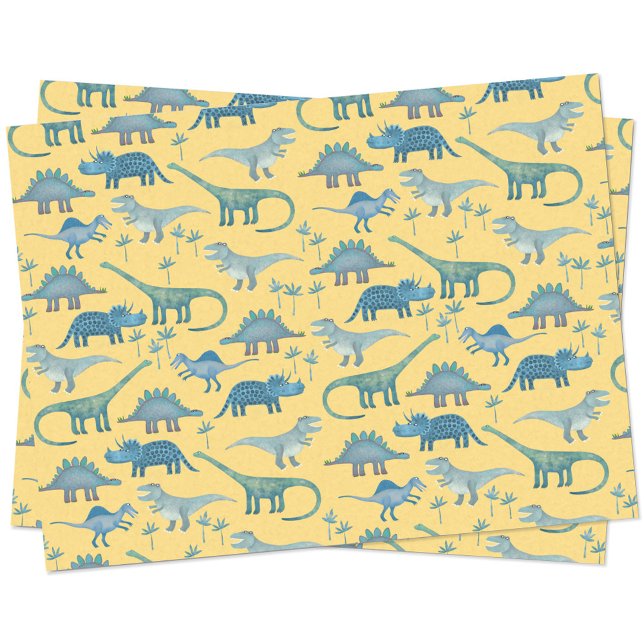 Mousseline Dinosaur Motif papier de tissus jaune (Fun yellow and blue dinosaur tissue paper)