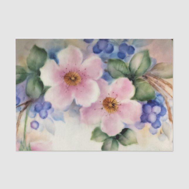 Mousseline Fleurs de cerisiers et bleuets Papier Tissu (Recto)