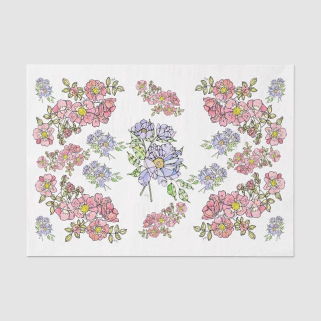 Mousseline Fleurs roses et lavande+ Papier de découpage (Recto)