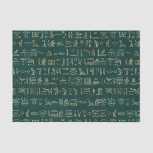 Mousseline Héroglyphes égyptiens vert et or Papier de tissus