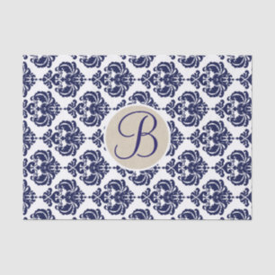 Mousseline Papier à Lettre à Monogramme en Damassé Glam Bleu 