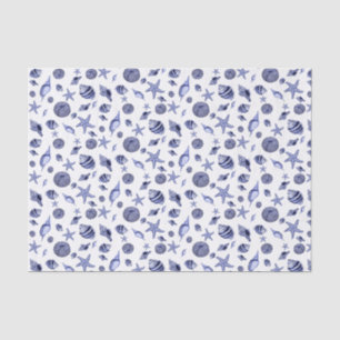 Mousseline Papier de tissu de coquillages bleu et blanc