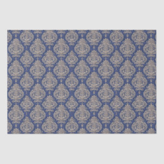 Mousseline Papier de tissus Damas bleu et or