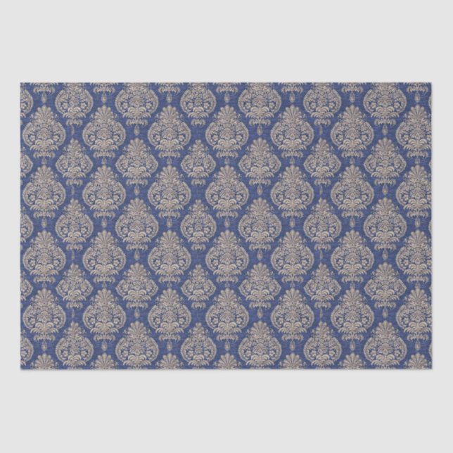 Mousseline Papier de tissus Damas bleu et or (Recto)