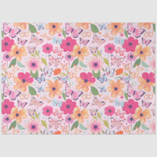 Mousseline Papier de tissus, papillons et fleurs rose pâle