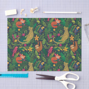 Mousseline Papier Tissu Animaux de la Forêt Tropicale Dessiné