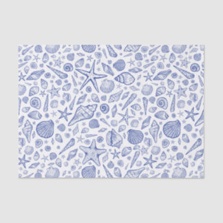 Mousseline Papier Tissu de coquillages illustrés bleu