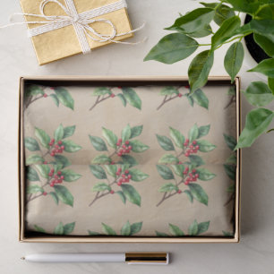 Mousseline Papier Tissu de Noël Holly Botanique